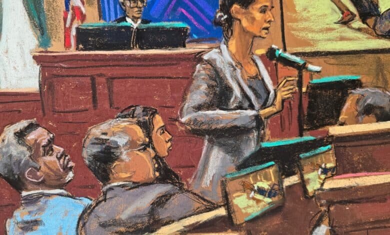 Photo: Sean "Diddy" Combs listens along with their lawyers Marc Agnifilo and Tey Geragos as the assistant lawyer Christy Slavik makes his closing arguments during the combs sexual trafficking trial in New York City, on June 26, 2025.