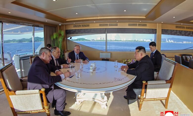 Photo: In this photo provided by the North Korean government, its leader Kim Jong Un, on the right, speaks with Russian Foreign Minister Sergei Lavrov, second left, in Wonsan, North Korea, on Saturday, July 12, 2025.