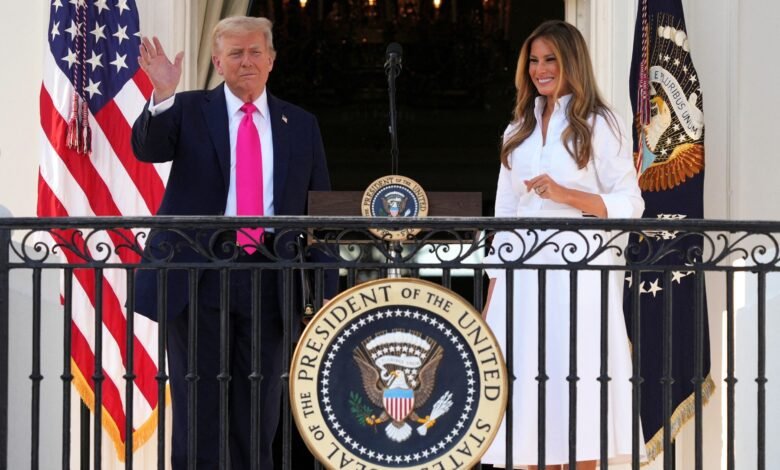 Photo: President Donald Trump appears on a balcony next to the first lady Melania Trump in the White House in Washington, DC, July 4, 2025.