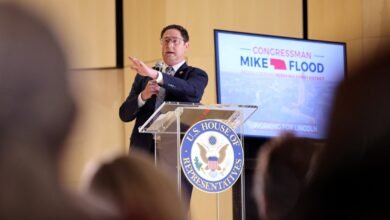 Photo: United States Representative Mike Flood (R-NE) answers voters questions during a town hall in Lincoln, Nebraska