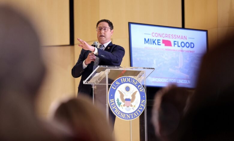 Photo: United States Representative Mike Flood (R-NE) answers voters questions during a town hall in Lincoln, Nebraska