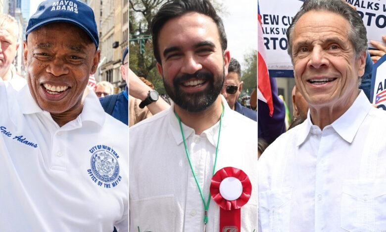 Photo: Mayor Eric Adams participates in the Pride March of NYC 2025 on June 29, 2025. Zohran Mamdani attends the Western Indian Day 2025 on September 1, 2025. Andrew Cuomo is seen in the Port Rico National Day Parade 2025 on June 8, 2025.