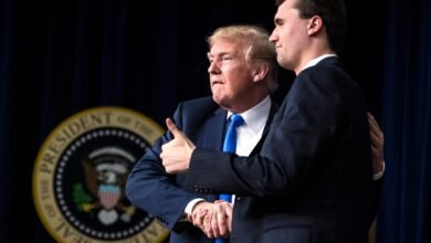 Photo: On March 22, 2018, File Photo, President Donald Trump shakes hand with Charlie Kirk, founder and executive director of Turning Point US