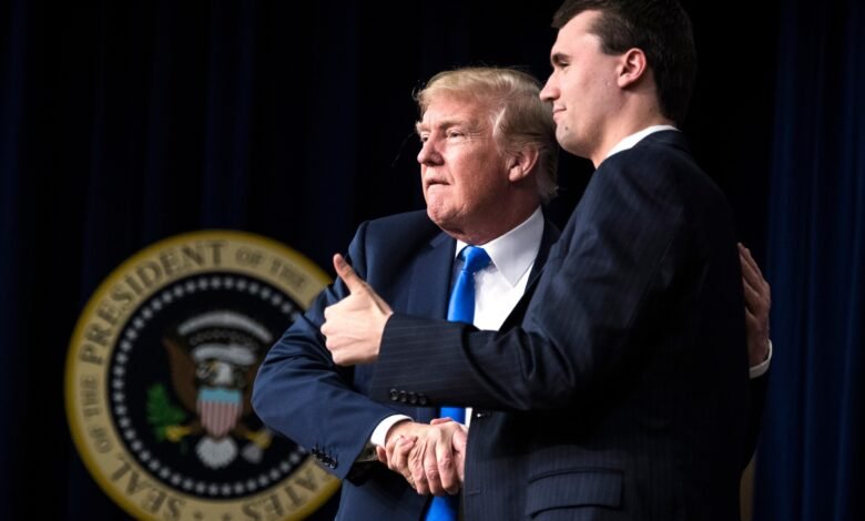 Photo: On March 22, 2018, File Photo, President Donald Trump shakes hand with Charlie Kirk, founder and executive director of Turning Point US