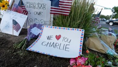 Photo: A sheet of paper that commemorates Charlie Kirk is placed in an improvised memorial for Charlie Kirk, who was a fatal shot during an event at the University of Utah Valley, outside the Typanogos Regional Hospital, in OREM, Utah, September 11, 2025.