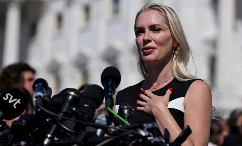 Photo: Anouska de Georgiou, who testified about sexual abuse in the case of Jeffrey Epstein, speaks during a press conference and a concentration in support of Epstein's victims outside the Capitol in Washington, on September 3, 2025.