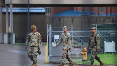 PHOTO: Members of the 49th California Military Police Brigade walk the grounds at the Oregon Army National Guard's Camp Withycombe in Happy Valley, Oregon, Oct. 22, 2025.