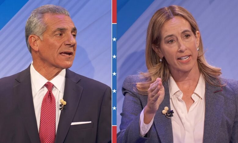 PHOTO: New Jersey gubernatorial candidates Jack Ciatterelli and Mikie Sherrill participate in a debate, October 8, 2025.