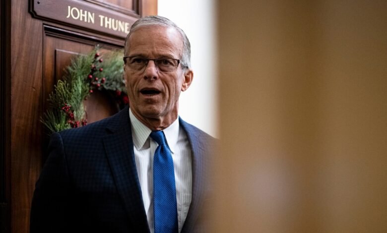 PHOTO: Senate Majority Leader John Thune speaks to reporters after the Senate passed the House resolution to force the release of Justice Department files on deceased convicted sex offender Jeffrey Epstein in Washington, Nov. 18, 2025.
