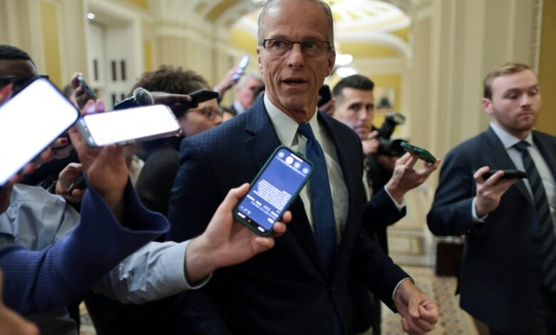 PHOTO: Senate Majority Leader John Thune speaks to reporters after the Senate passed the House resolution to force the release of Justice Department files on deceased convicted sex offender Jeffrey Epstein in Washington, Nov. 18, 2025.