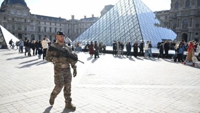 PHOTO: A soldier patrols in the courtyard of the Louvre museum, Thursday, October 30, 2025 in Paris.