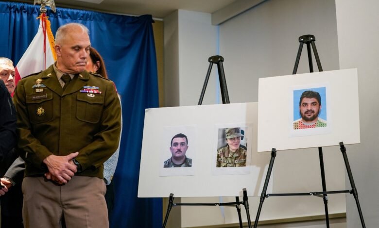 PHOTO: Brigadier General Leland D. Blanchard II looks at photos of two National Guard members who were shot along with a photo of a suspect, Afghan national Rahmanullah Lakanwal, at a news conference in Washington, DC, Nov. 27, 2025.