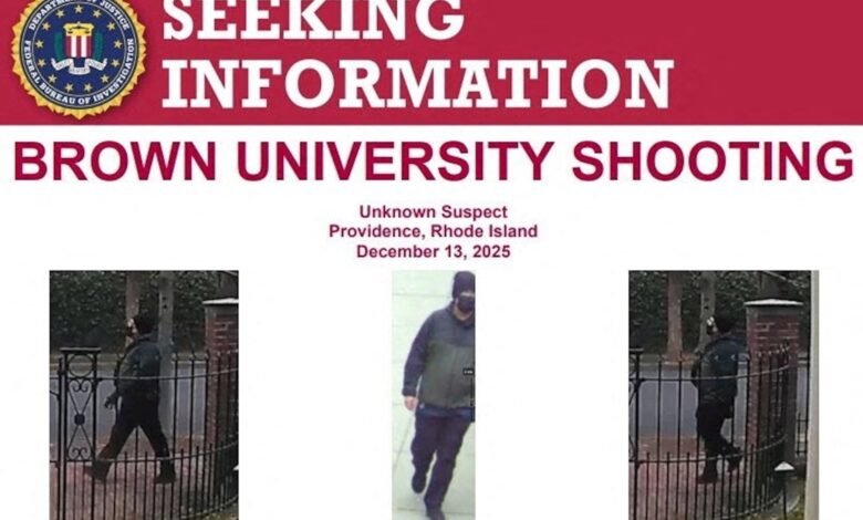PHOTO: An image shown at a news conference shows a person described as an unknown suspect in the Brown University shooting, as the search for the shooter continues, in Providence, Rhode Island, on December 15, 2025.