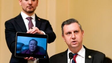 PHOTO: Rep. Seth Magaziner speaks during a House Homeland Security hearing titled "Global Threats to the Homeland," while Sae Joon Park joins the audience via video call, on Capitol Hill in Washington, DC, on December 11, 2025.