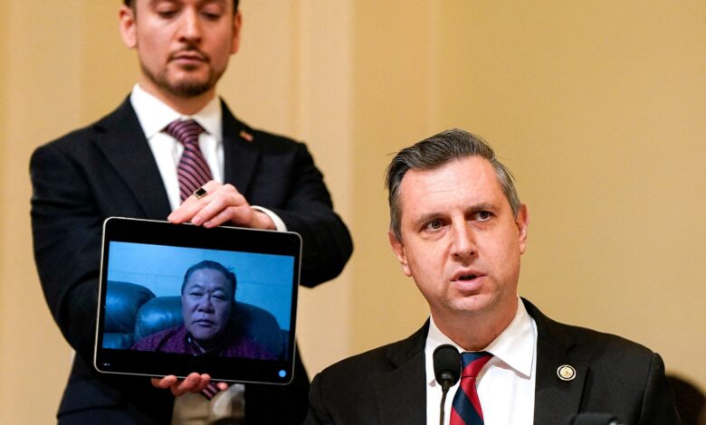 PHOTO: Rep. Seth Magaziner speaks during a House Homeland Security hearing titled "Global Threats to the Homeland," while Sae Joon Park joins the audience via video call, on Capitol Hill in Washington, DC, on December 11, 2025.