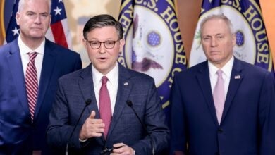 PHOTO: President Johnson speaks to reporters after the Republican conference meeting