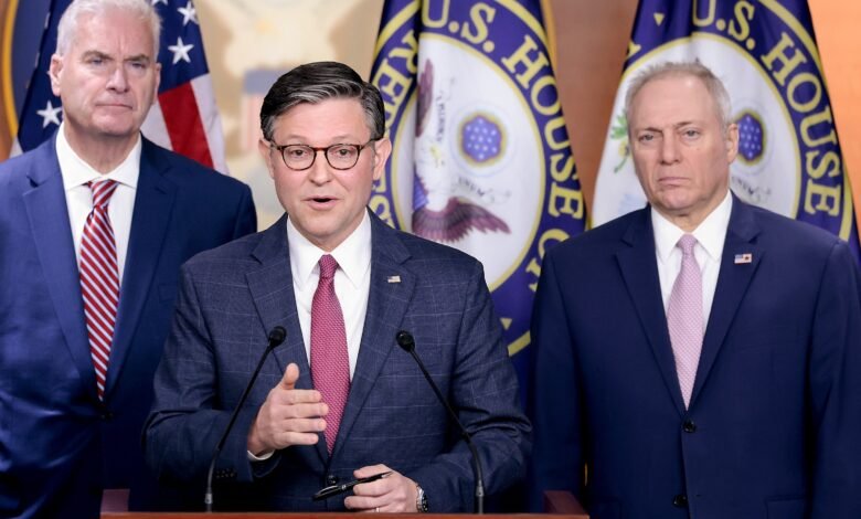 PHOTO: President Johnson speaks to reporters after the Republican conference meeting