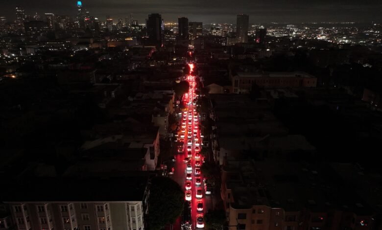 A view of traffic from above as more than 130,000 PG&E customers lost power in San Francisco, California, United States, on December 20, 2025.