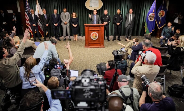 PHOTO: Los Angeles County District Attorney Nathan J. Hochman answers questions from the media in Los Angeles, California, on December 16, 2025.
