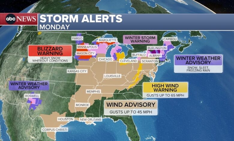 Winter storm moves east Monday, bringing dangerous winds, snow and ice