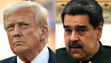 PHOTO: In this July 13, 2025 file photo, President Donald Trump looks on during an event in East Rutherford, New Jersey. | In this Sept. 14, 2022, file photo, Venezuelan President Nicolas Maduro attends a meeting in Caracas.